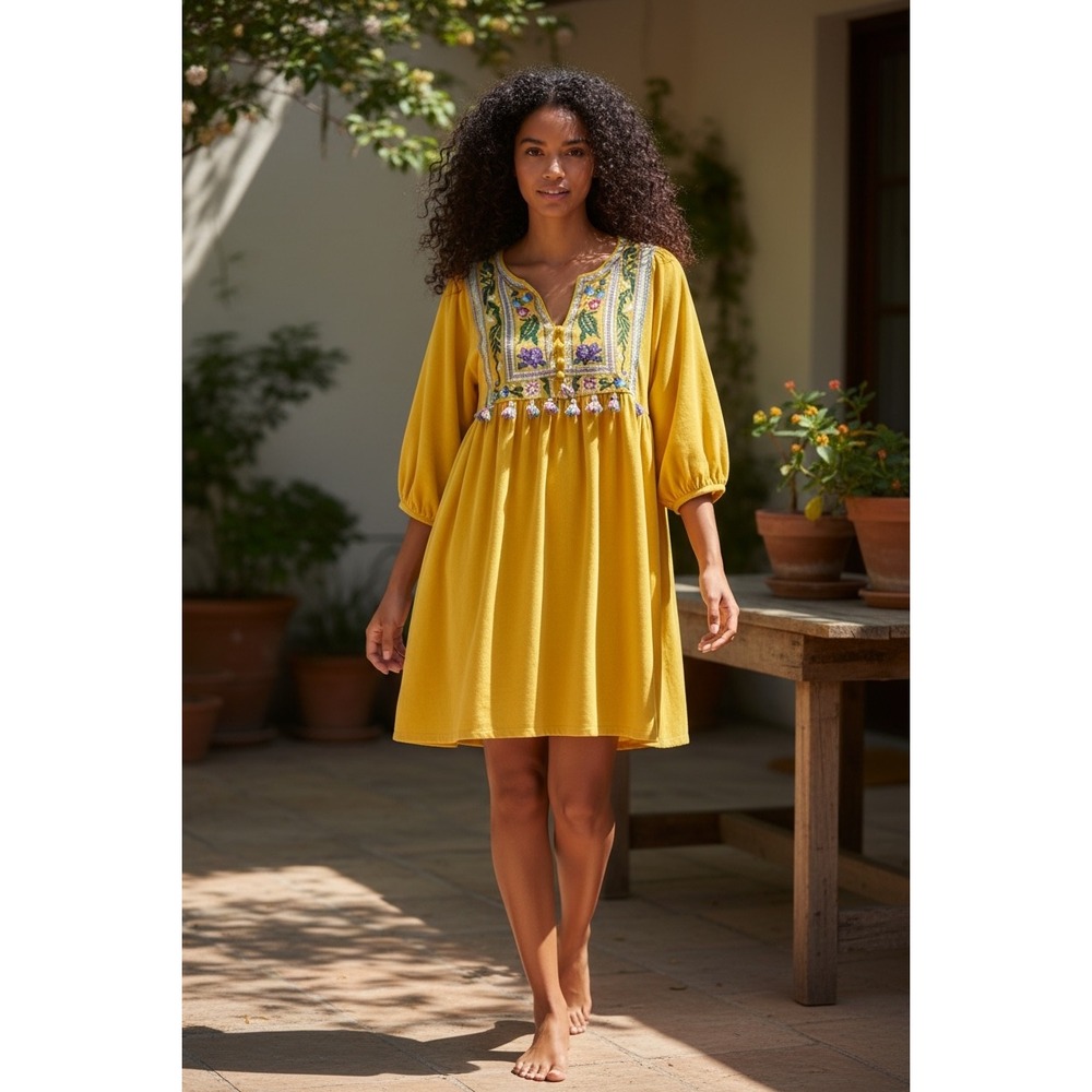 Umgee Mustard Yellow Embroidered Tassel Babydoll Dress Womens Small Boho Festive